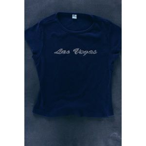 Navy blue “LAS VEGAS” bedazzled crop top